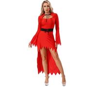 Agoky Women's Devil Halloween Costume One Piece Long Sleeve High-low Hem Hooded Dress for Club Party Red M