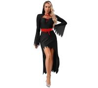 Agoky Women's Devil Halloween Costume One Piece Long Sleeve High-low Hem Hooded Dress for Club Party Black XXL