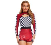Agoky Womens F1 Racing Costumes Sequins Long Sleeve Checkerboard Jumpsuit Speed Racer Outfits Red M