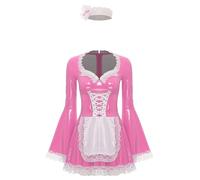 Agoky Womens Halloween Flared Long Sleeve French Maid Costume Sexy Maid Lingerie Fancy Dress Outfits Pink 3XL