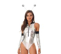 Agoky Women's Shiny Metallic Space Cadet Costume Alien Outfits Galaxy Traveler Role Play Uniform Set Silver S