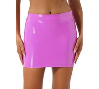 Agoky Womens Shiny Metallic Wet Look Tight Mini Skirts Latex Low Waist Pencil Skirt for Club Music Festival Dark Pink M