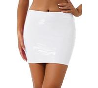 Agoky Womens Shiny Metallic Wet Look Tight Mini Skirts Latex Low Waist Pencil Skirt for Club Music Festival White XL