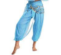 Agoky Women's Sparkle Elastic Waist Harem Pants Side Split Bloomers with Hip Scarf Belly Dancer Outfits Light Blue XL