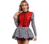 Agoky Womens Sparkly Sequins Checkerboard Printed Leotard Race Car Driver Costumes A-line Skirt Red XL