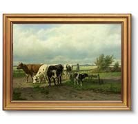 AGOLINE Gold Framed Vintage Style Wall Art,Cattle and Farm Boy,12x16 IN | Vintage Village Framed Pictures for Living Room,Classic Countryside Wall Art Prints,Cottage Decor
