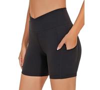 AGONVIN Women's Crossover High Waist Breathable Yoga Workout Biker Shorts with Pockets Black S
