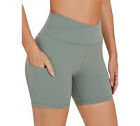 AGONVIN Women's Crossover High Waist Breathable Yoga Workout Biker Shorts with Pockets Matcha Green M