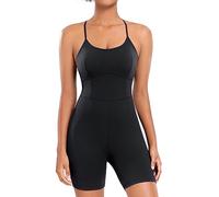 AGONVIN Women's Workout Spaghetti Strap Rompers Shorts Tummy Control One Piece Jumpsuit Black M