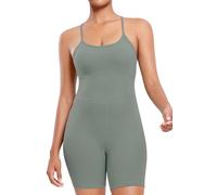 AGONVIN Women's Workout Spaghetti Strap Rompers Shorts Tummy Control One Piece Jumpsuit Matcha Green XS