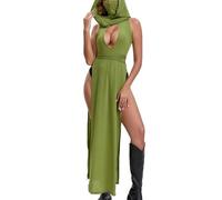AGOSAK Gothic Rave Maxi Dress for Women Sexy Goth Outfits Festival Olive Green High Double Split Long Dresses with Sidle Slit Cut Out Y2K Dress Club Night Going Out