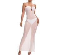 AGOSAK Mesh See Through Maxi Dress for Women 2025 White Sheer Thru Transparent Bodycon Tube Top Long Dresses Cocktail Wedding Guest Club Party Summer Dress