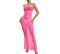AGOSAK Mesh See Through Maxi Dress for Women Strapless Hot Pink Sheer Transparent Tube Top Bodycon Long Dresses Cocktail Wedding Guest Club Party Summer Dress