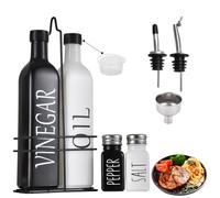 Agrdeed Oil and Vinegar Dispenser Bottle 500 ml Glass Set, Olive Oil Bottle with Funnel, Tarnish-Resistant Lid, Label, Glass Bottle with Caddy Holder and Stainless Steel Spout, Black, 2-Piece Set