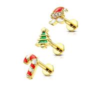 Agrewd 3PCS Christmas Santa Claus Tree Cartilage Stud Earrings 16G Forward Helix Tragus Earrings Flat Back Stainless Steel Internally Thread Lip Labret Medusa Piercing Jewellery for Women(Gold)