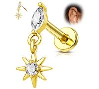 Agrewd Dangle Helix Piercing Jewellery 316l Surgical Steel 16G Conch Tragus Stud Gold Labret Lip Piercing Jewelry Star 8mm Threadless Forward Cartilage Earrings Stud for Women