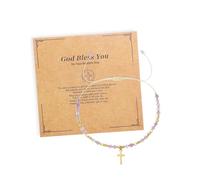 Agriajun Gold Cross Charm Rainbow Natural Stone Beaded Stack Bracelets Christian Gifts for Women, Golden Beads Stackable Strand Bracelet Fashion Jewelry Christians Faith Gift., 5inches, Brass, no