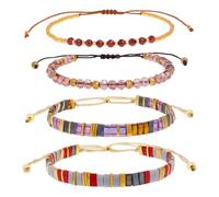Agriajun Tila Flat Beads Bracelets Stack Set for Women, Handmade Gold Beads Gemstone Colorful Stretch String Bracelet Outfit Accessories Jewelry Gift., 5inches, Glass, no gemstone
