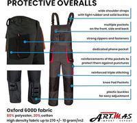 Agritrade Ak Work Bib & Brace Multipockets Men's Trousers, Wide Braces, Solid Buckles, Reinforced, Grey-Red Uk30-32Inch(Eu48)