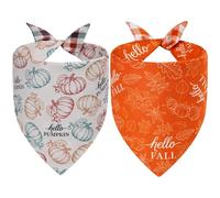Agroon Fall Dog Bandanas Large 2PCS, 4 Pattern Orang-Beige Gray Scarf for Boy and Girl, Triangle Reversible Plaid Bibs Breed for Puppy Cats Pets
