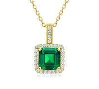 AGRULE Solitaire Cushion Cut Pendant on Sterling Silver Chain Simple Classic Aquamarine/Emerald/Ruby/Sapphire Necklace for Women in Gift Box, Sterling Silver with Cubic Zirconia, Created Emerald