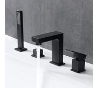 Agteruo 4 Hole Bath Tap with Pull Out Shower Head & Hose Bath Taps Black with Diverter Valve Shower Mixer Tap Set for Bath