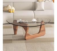 Agteruo Glass Coffee Table, Mid Century Coffee Table with Triangular Solid Wood Base and Thickened Tempered Glass, for Living Room Home Office, 83 × 57 × 40 cm