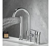 Agteruo Modern Bath Mixer Tap with Shower Waterfall Bathroom Tub Tap 3 Hole Bath Tap with Pull Out Hand Shower Single Lever Mixer with 2 Water Outlet Modes Chrome