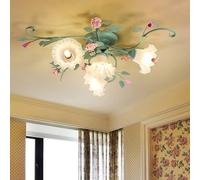 Agteruo Rustic Flush Mount Ceiling Light with White Frosted Glass Shade, 31" Wide 4 Lights Farmhouse Iron Light Fixture Green Metal Pink Rose Flower Chandelier for Foyer Bedroom Veranda