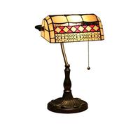 Agteruo Tiffany Table Lamp Stained Glass Bankers Desk Light, Mediterranean Style Checkered Shape Bedside Table Light, Vintage Tiffany Table Lamp for Bedroom Living Room,Red