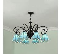 Agteruo Vintage Chandelier Blue Stained Glass Chandeliers Cone Shape Glass Pendant Light 8 Lights Tiffany Style Dining Room Hanging Lamp