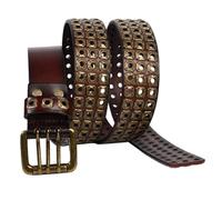 AGUTALITHIC 3 Row Studded Hollow Grommet Belt Punk Rock Goth Hip Hop Gold Rivet Genuine Leather Waist Strap Hole Three Buckle(120cm/47, Coffee)