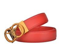 AGUTALITHIC Double Row Stitch Leather Ratchet Belt - 1 3/8" (35mm) Strap Engraved Longhorn Bull Cattle Head Automatic Buckle(120cm/47, Red)