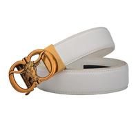 AGUTALITHIC Double Row Stitch Leather Ratchet Belt - 1 3/8" (35mm) Strap Engraved Longhorn Bull Cattle Head Automatic Buckle(120cm/47, White)