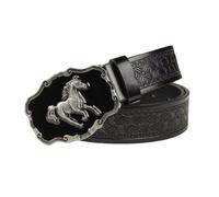 AGUTALITHIC Embossed Snap Belt Engraved Horse Head Floral Pattern, PU-Leather Strap Buckles with 3D Run Horse Western Cowboy(115cm/45, Black1)