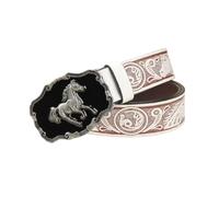 AGUTALITHIC Embossed Snap Belt Engraved Horse Head Floral Pattern, PU-Leather Strap Buckles with 3D Run Horse Western Cowboy(105cm/41, White)