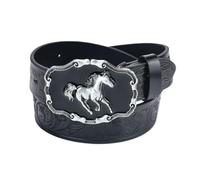 AGUTALITHIC Embossed Snap Belt Engraved Horse Head Floral Pattern, PU-Leather Strap Buckles with 3D Run Horse Western Cowboy(135cm/53, Black2)