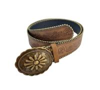 AGUTALITHIC Floral Embossed Studded Belt for Men Women Solid Brass Western Buckle Cowboy Cowgirl Leather Strap for Daily Wear(110cm/43, A)