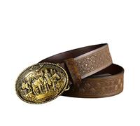 AGUTALITHIC Full Grain Leather Embossed Belt Engraved Western Rodeo Cowboy Double Bull Head and Horse Vintage Antique Buckle(115cm/45, Brown)