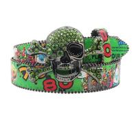 AGUTALITHIC Graffiti Pattern Western Belt for Women Men, Shining Skull Head Rhinestones Studded Wide Buckle Punk Waist Strap(105cm/41, Green)