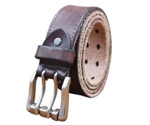 AGUTALITHIC Men's Work Belt, Heavy Duty Full Grain Leather Vintage Distressed Double Prong Roller Buckle,2 Holes Waist Strap(105cm/41, Coffee)