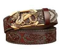 AGUTALITHIC Ratchet Embossed Belt for Men,Engraved Z Dragon Adjustable Buckle, Slide Click Casual Strap for Jeans 1-3/8" Wide(130cm/51, Brown A)