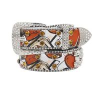 AGUTALITHIC Rhinestones Studded Belt with Shiny Skull Head Cross Rivet,Love Heart Poker Pattern Graffiti Strap for Women Men(115cm/45, Orange)