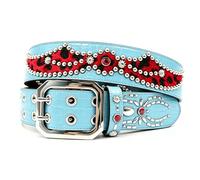 AGUTALITHIC Rhinestones Studded Double Prong Belt,Punk Rock Rivets Spider-Shaped & Red Leopard Printed Splicing Cowhide Strap(115cm/45, Blue)