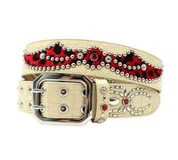 AGUTALITHIC Rhinestones Studded Double Prong Belt,Punk Rock Rivets Spider-Shaped & Red Leopard Printed Splicing Cowhide Strap(125cm/49, Khaki)