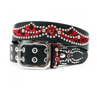 AGUTALITHIC Rhinestones Studded Double Prong Belt,Punk Rock Rivets Spider-Shaped & Red Leopard Printed Splicing Cowhide Strap(125cm/49, Black-A)
