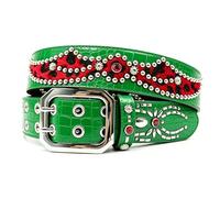 AGUTALITHIC Rhinestones Studded Double Prong Belt,Punk Rock Rivets Spider-Shaped & Red Leopard Printed Splicing Cowhide Strap(115cm/45, Green)