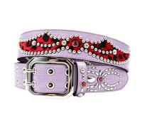 AGUTALITHIC Rhinestones Studded Double Prong Belt,Punk Rock Rivets Spider-Shaped & Red Leopard Printed Splicing Cowhide Strap(105cm/41, Purple)