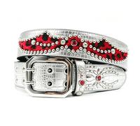 AGUTALITHIC Rhinestones Studded Double Prong Belt,Punk Rock Rivets Spider-Shaped & Red Leopard Printed Splicing Cowhide Strap(115cm/45, Silver)