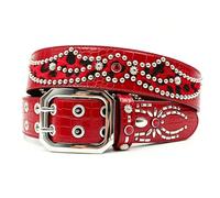 AGUTALITHIC Rhinestones Studded Double Prong Belt,Punk Rock Rivets Spider-Shaped & Red Leopard Printed Splicing Cowhide Strap(125cm/49, Red)